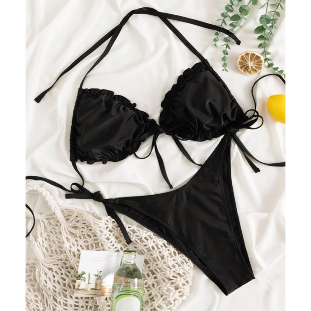 Frill Trim Side Tie Halter Bikini